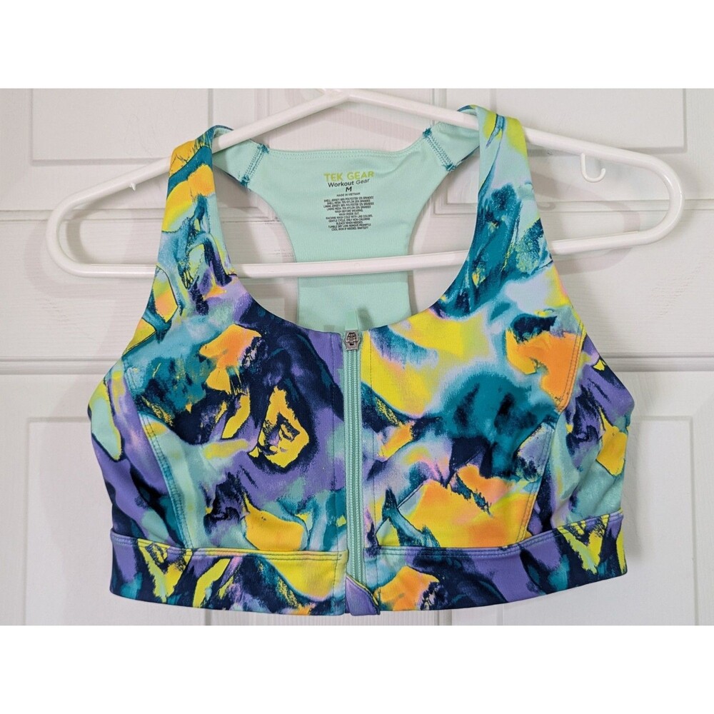 Tek Gear Workout Sports Bra Medium Aqua Tie-Dye Front Zip Racerback Stretch EUC